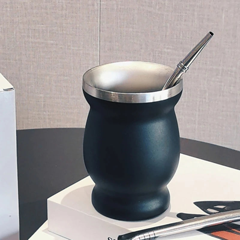 Mate de acero inoxidable 304 de doble pared de 237 ml (8 oz) con pajita, cuchara y cepillo de limpieza.
