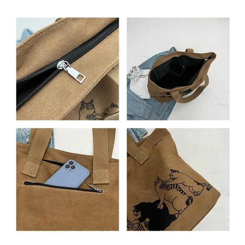 Bolsos de lona de gran capacidad, bolso de mano para mujer, bolso de hombro con estampado de gato anime y letras, bolso casual para niñas, bolso de viaje portátil grande.