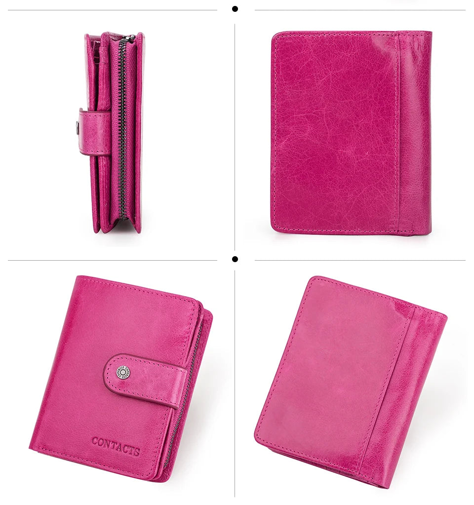 Carteras de cuero genuino Contact'S para mujer y hombre, cartera corta pequeña con bloqueo RFID, tarjetero, monedero rojo para mujer