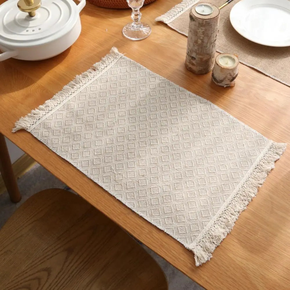 1 unidad de manteles individuales cuadrados creativos para mesa de comedor con encaje, de yute natural. Manteles individuales para mesa de comedor y cocina. Decoración de mesa de yute color caqui.