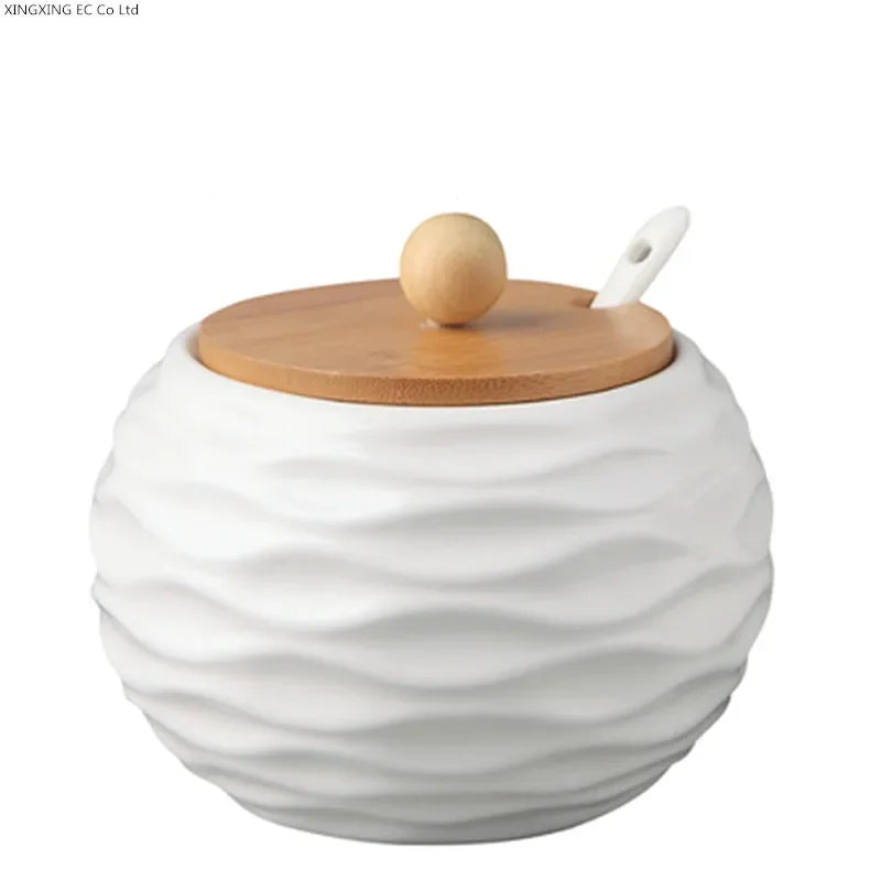 Utensilios de cocina: salero, azucarero con cuchara, tarro de cerámica blanca para condimentos, aceitera, caja para condimentos, herramienta de almacenamiento de cocina.