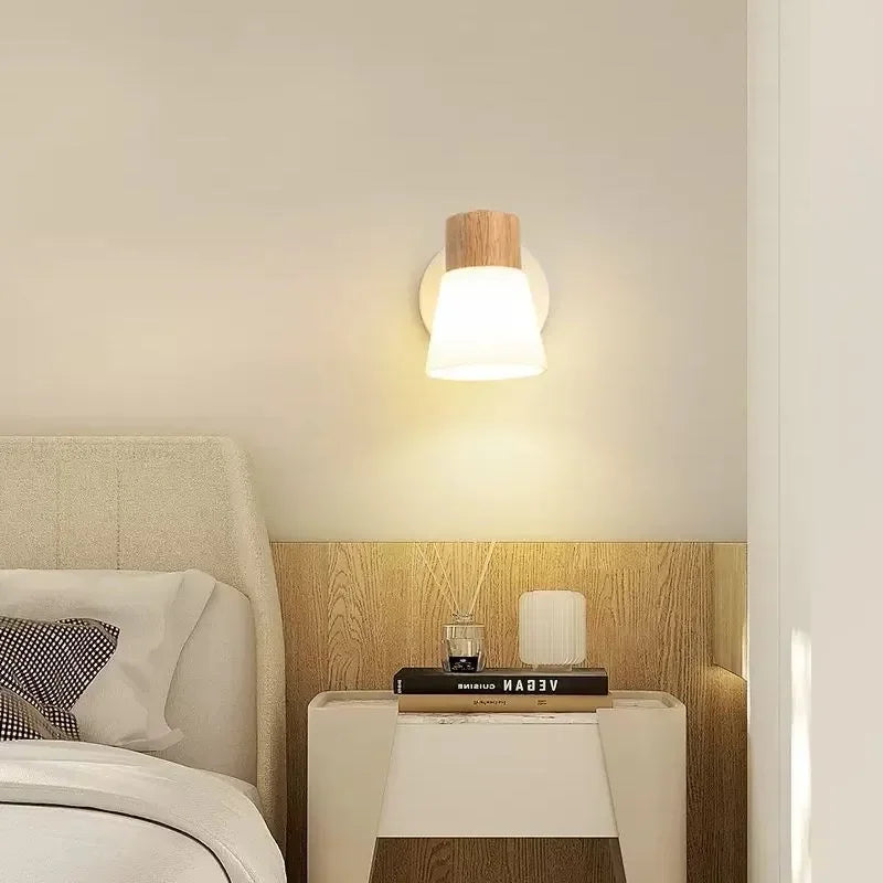 Lámpara de pared minimalista de madera para dormitorio, lámpara de noche de cristal con doble cabezal, luminarias creativas para pasillos.