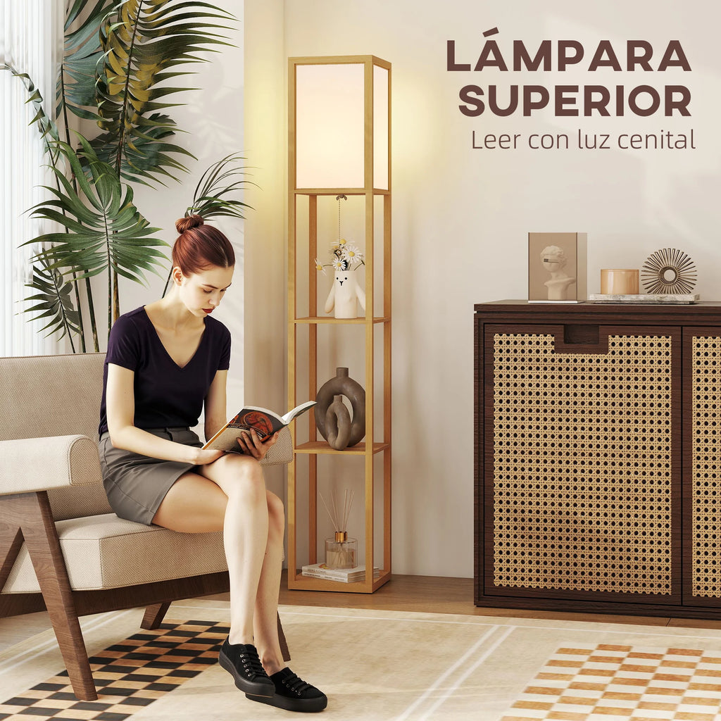 Lámpara de pie Homcom con estantes de almacenamiento, lámpara moderna de madera, bombilla E27, para sala de estar, dormitorio u oficina.