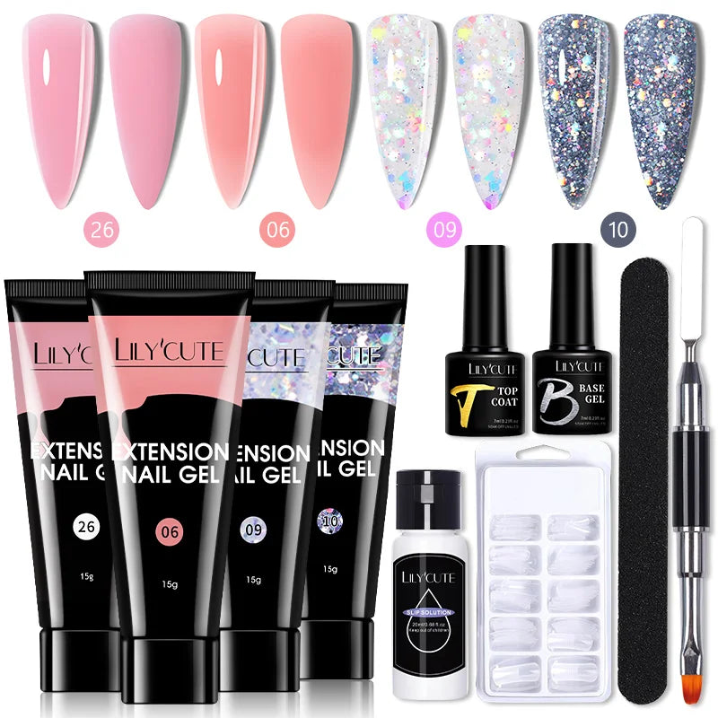 Kit de gel para extensión de uñas LILYCUTE de 15 ml, gel UV, acrílico, blanco, transparente, rosa, esmalte de uñas, lámpara LED, set de manicura para decoración de uñas.