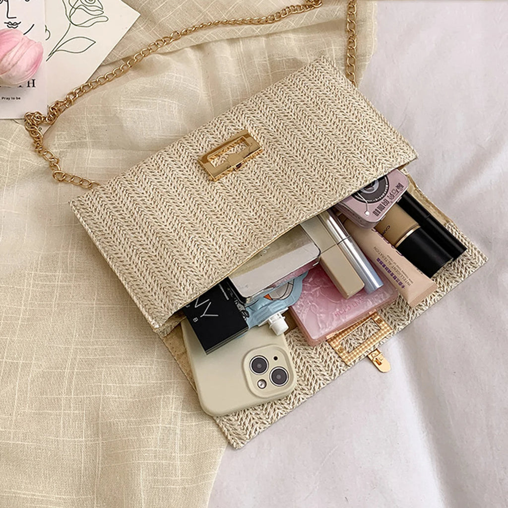 Bolso de mano de mujer tejido con hierba, cartera para móvil, bolso de estilo bohemio veraniego para la playa, cartera tejida, imprescindible para chicas de vacaciones.