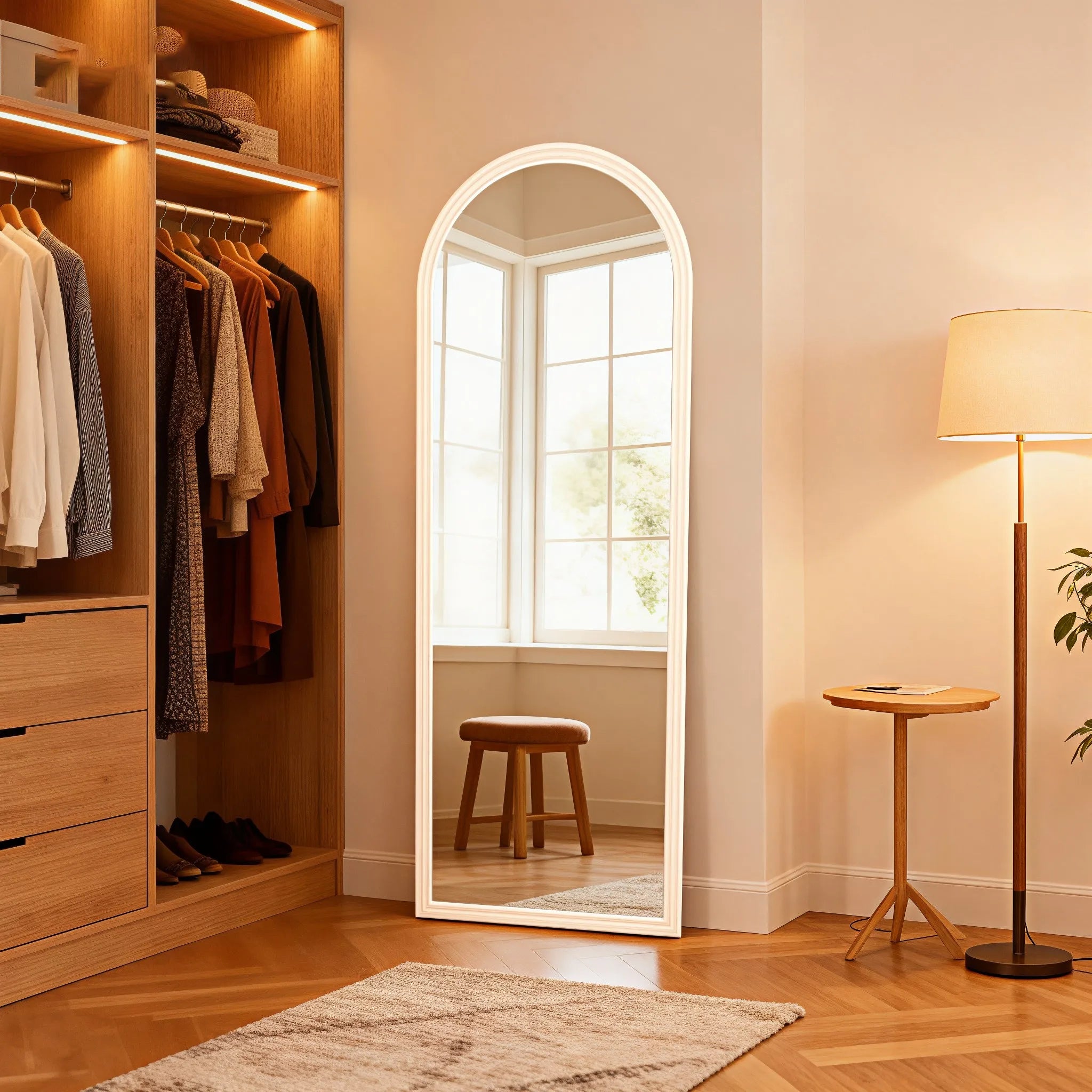 Espejo de cuerpo entero Arc de 160x50 cm con marco de madera maciza para pared o vestidor - Marrón/Negro/Blanco