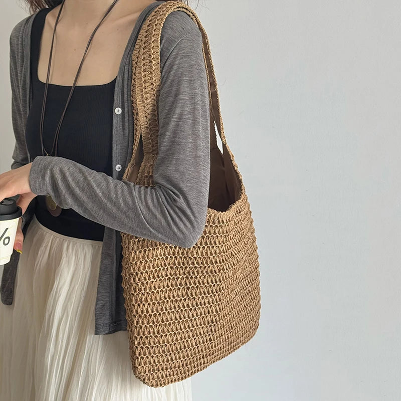 Bolsos de hombro de ratán para mujer, bolsos de mano tejidos para mujer, bolsos de paja de gran capacidad para la playa de verano, bolsos de mano informales.