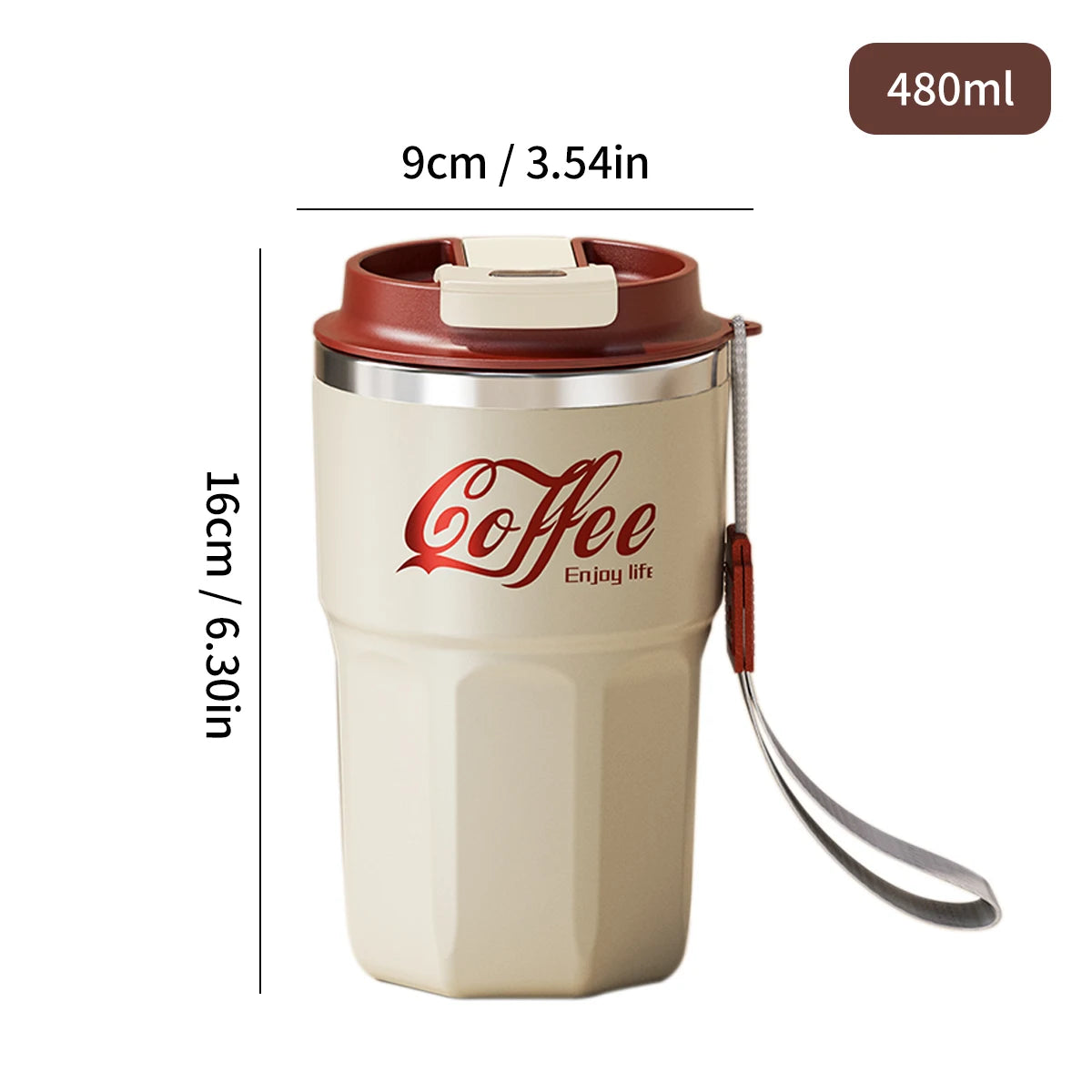 Taza de café WORTHBUY con tapa y asa, de acero inoxidable 304, para té, leche y café, con doble pared aislante y protección anti-quemaduras.