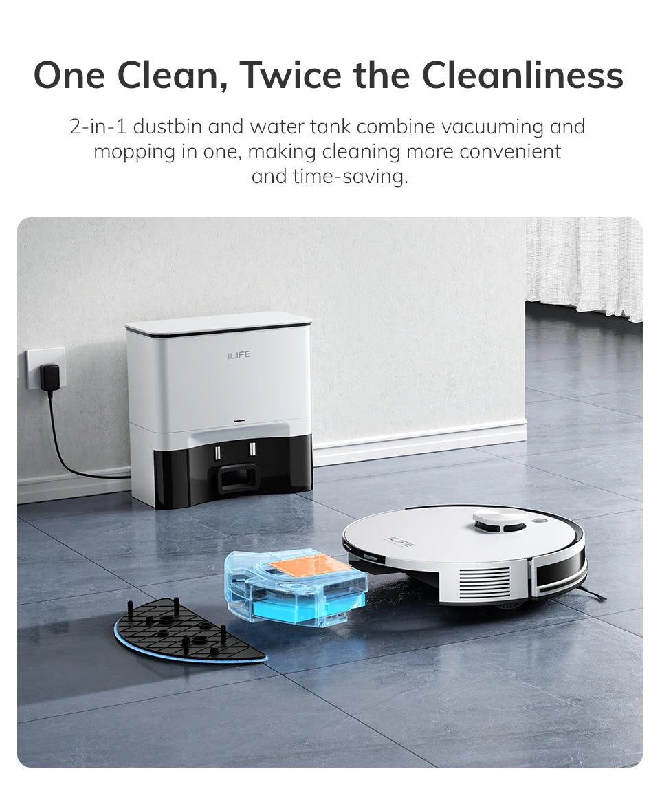 ILIFE A30 PRO, aspiradora y fregona robot con potencia de succión de 5000 Pa, vaciado automático, capacidad para 60 días, control por aplicación/mando a distancia, autonomía de 180 minutos.