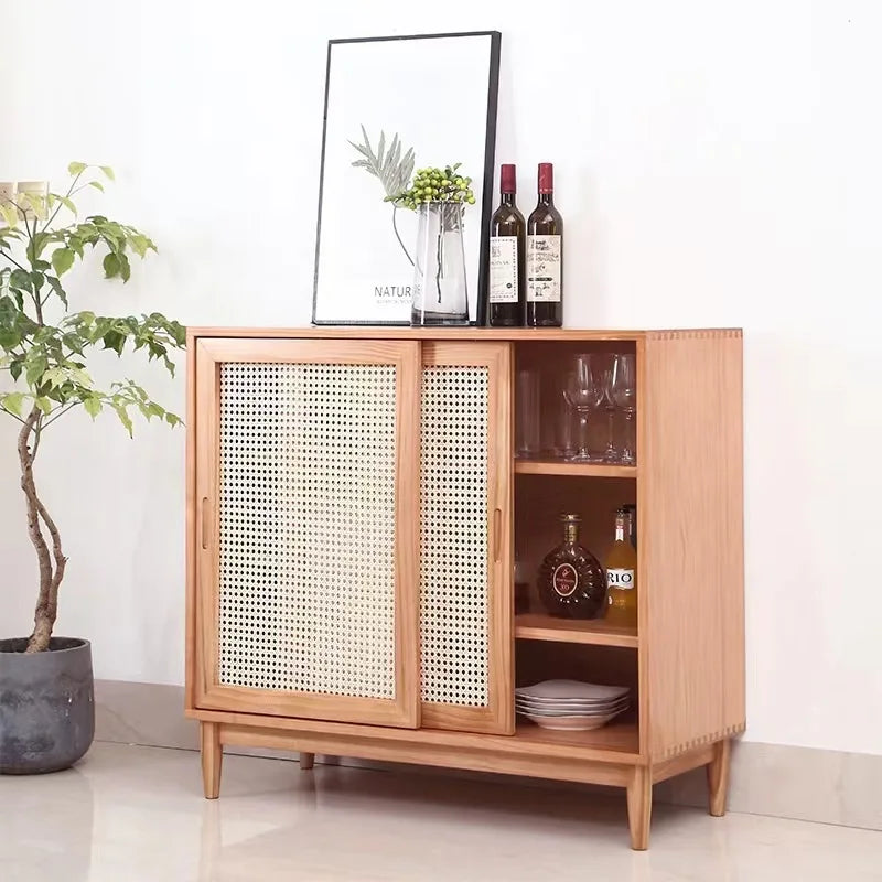 Nordic solid wood rattan dining side cabinet, entrance cabinet, American locker, simple tea cabinet, multi-functiona