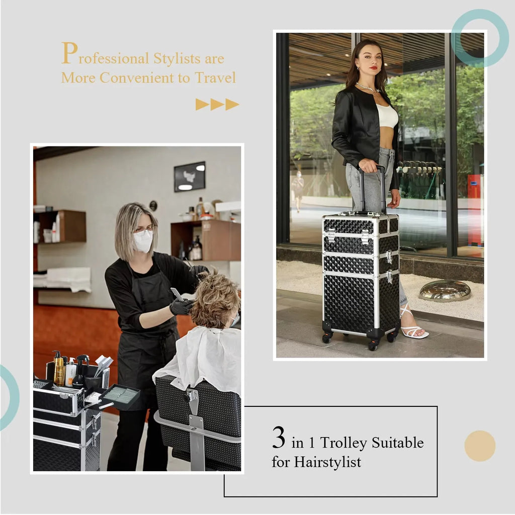 Maletín de maquillaje rodante 3 en 1, maletín de maquillaje desmontable, maletín de cosmetología con ruedas, carrito de maquillaje con cerradura de gran capacidad para salón de belleza.