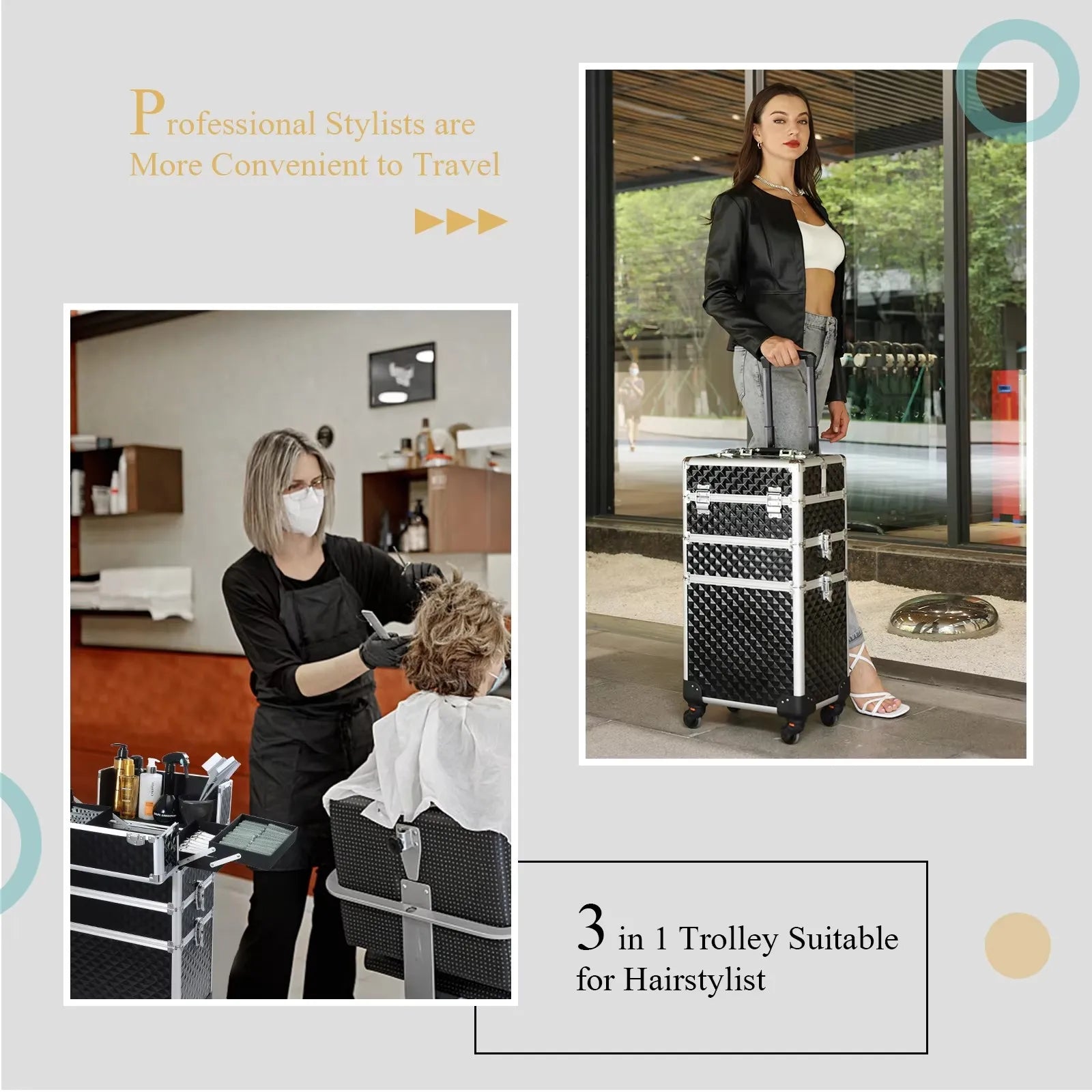 Maletín de maquillaje rodante 3 en 1, maletín de maquillaje desmontable, maletín de cosmetología con ruedas, carrito de maquillaje con cerradura de gran capacidad para salón de belleza.