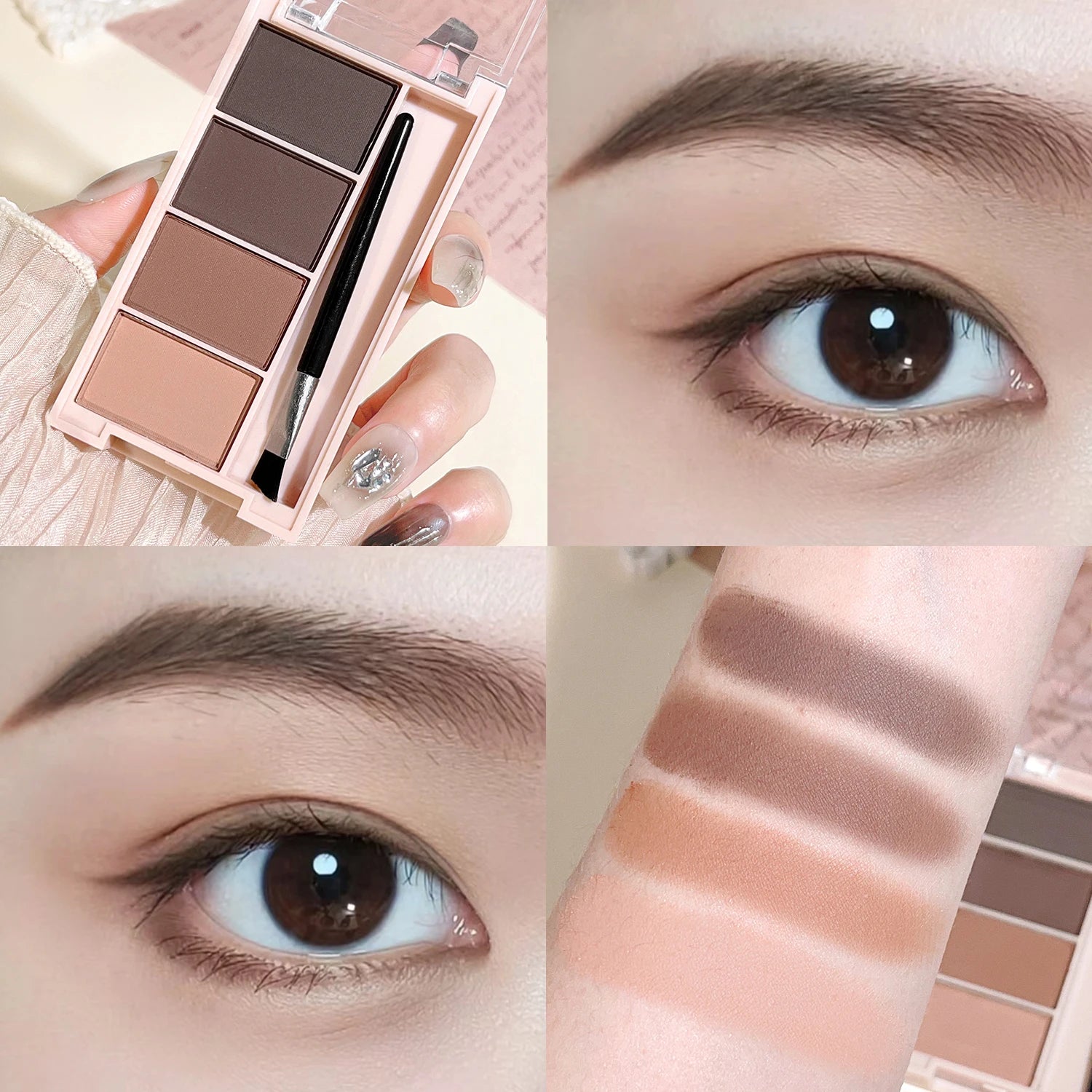 Un juego de bandejas de polvo para cejas de 4 colores con pinceles en tonos gris y marrón mate para una reproducción de color duradera, relleno y definición.