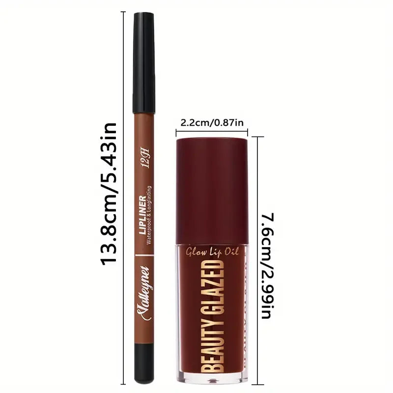 Set de maquillaje de 2 piezas: delineador de labios mate + aceite labial hidratante con color, de larga duración y fácil aplicación, resistente al agua, combinación de maquillaje ini