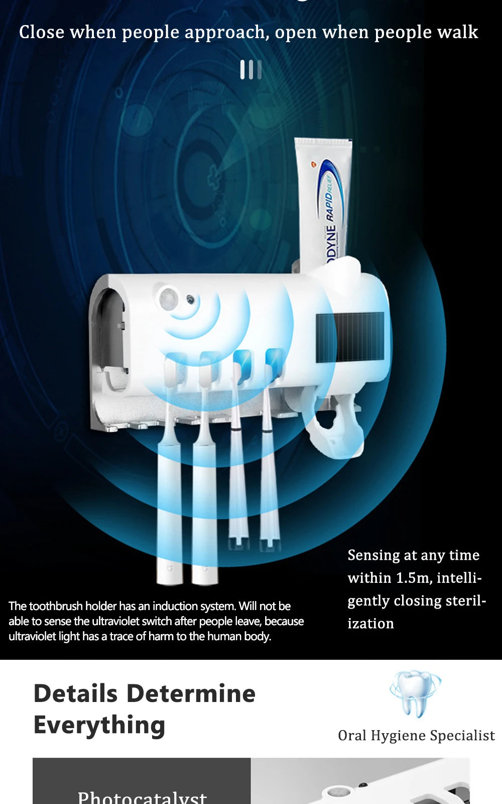 Soporte para cepillos de dientes, dispensador de pasta de dientes, energía solar, caja de almacenamiento para cepillos de dientes de baño, soporte de almacenamiento multifunción, carga USB.