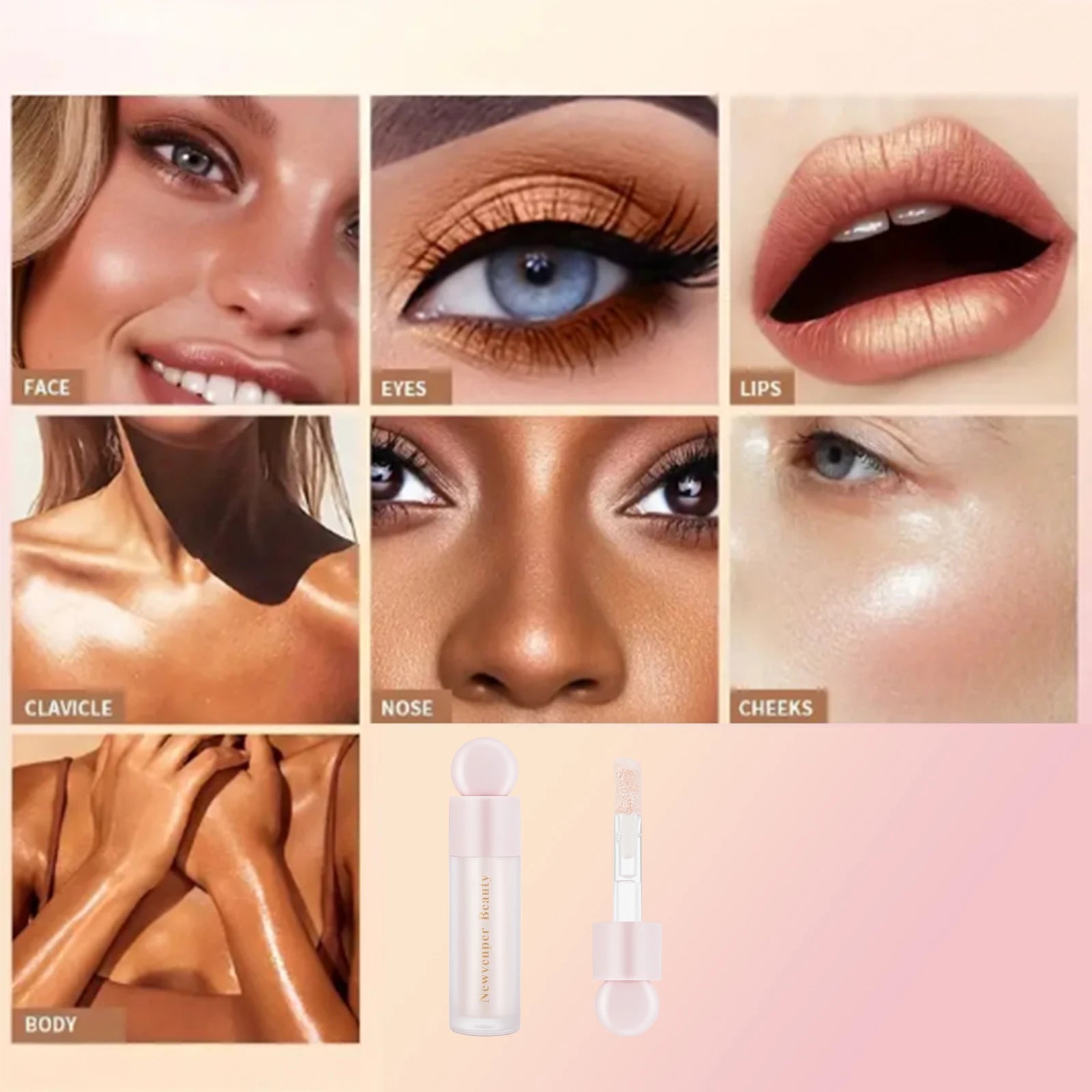 Iluminador líquido + Colorete líquido + Contorno líquido para rostro y cuerpo, acabado de alto brillo, maquillaje iluminador líquido de luminosidad natural.