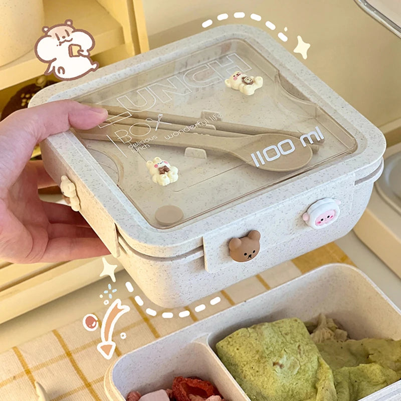 Caja de almuerzo de 1100ML para niños, escuela, adultos, oficina, de paja de trigo, apta para microondas, picnic, almacenamiento, portátil, gran caja bento con cuchara y palillos