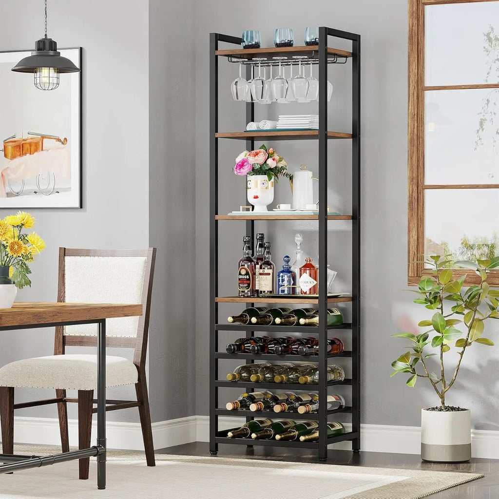 Botellero independiente de 9 niveles con soporte para copas, mueble bar multifuncional con soporte para botellas para el hogar, la cocina y el comedor.