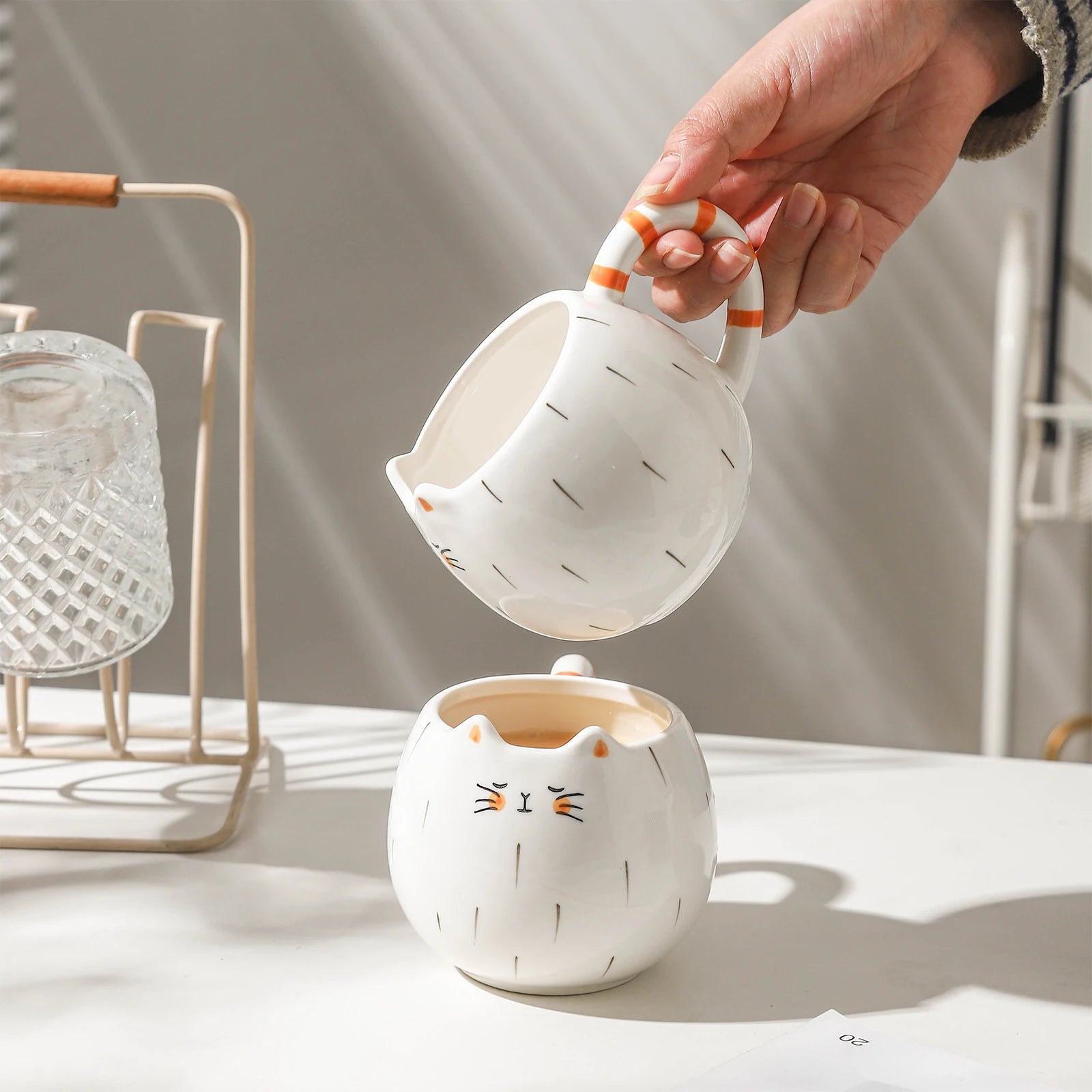 Taza de agua de cerámica, taza de té con leche para la merienda, taza de café con leche para el té con leche, taza con forma de gato adorable, juego de bebidas para el hogar