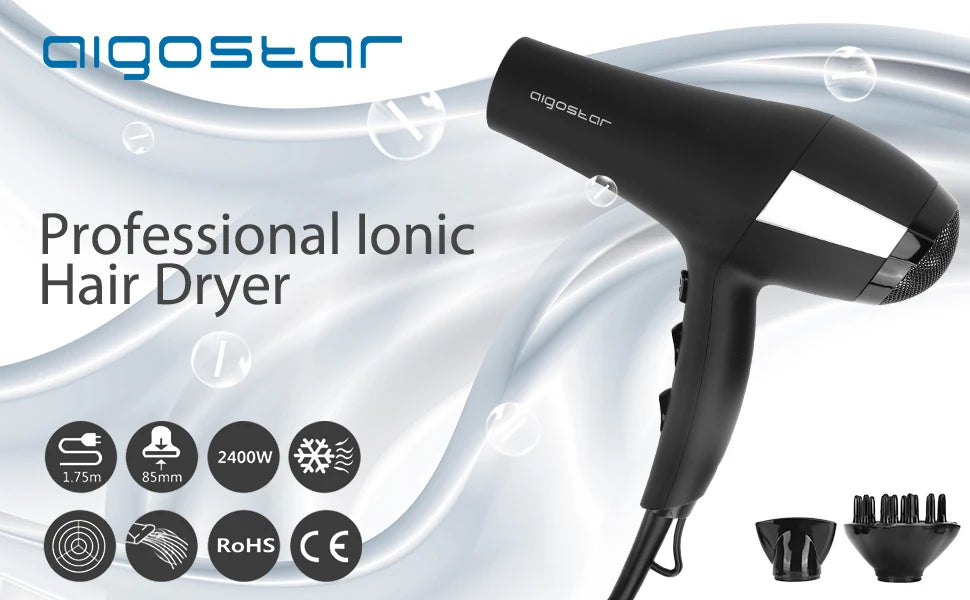 Secador de pelo iónico profesional AIGOSTAR, 2400 W con 2 velocidades y 3 ajustes de temperatura, incluye difusor y boquilla concentradora, protección contra sobrecalentamiento para un secado rápido y un potente flujo de aire de hasta 56,88 km/h.