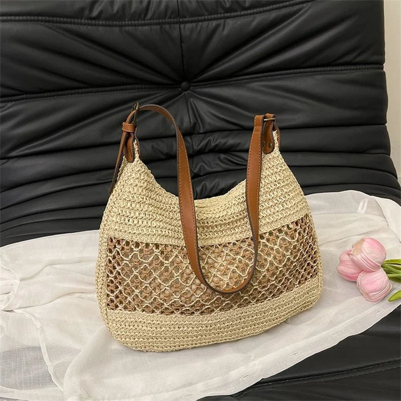 Bolso de hombro hueco para mujer con correa ajustable, tejido de paja, bolso de viaje, bolso de mano de moda, bolso de verano para uso diario.