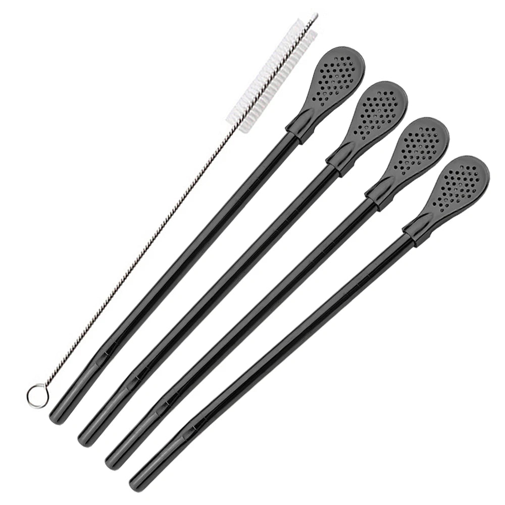 Juego de 5 pajitas de acero inoxidable plateadas lavables y reutilizables para yerba mate, con filtro tipo cuchara, ideales para coctelerías y accesorios de bar.
