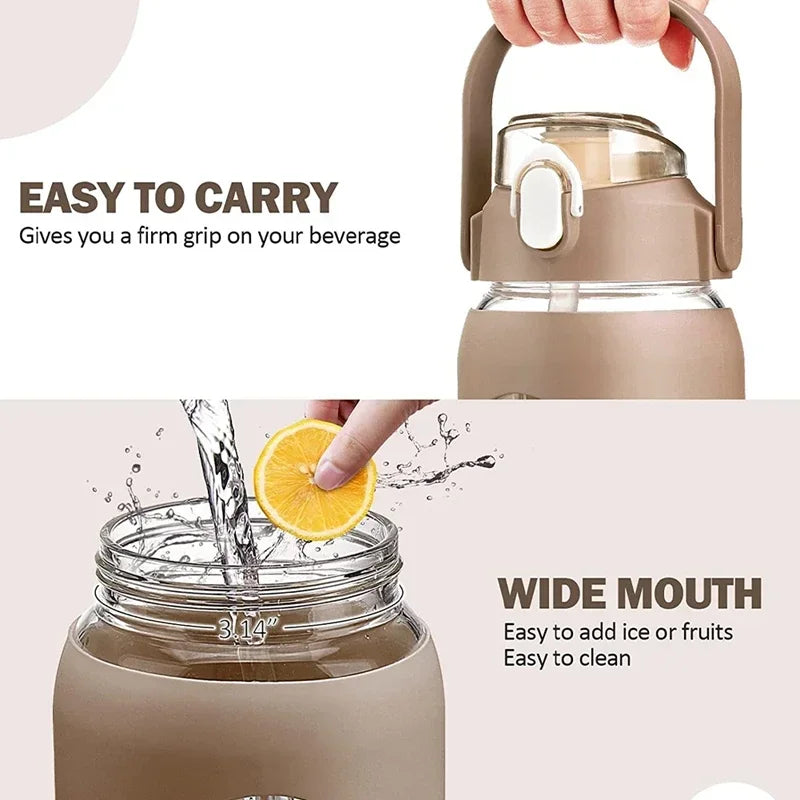 Botellas de agua de vidrio de 1000 ml con pajita, botella de vidrio con funda de silicona y marcador de tiempo, para gimnasio, camping, hogar y oficina.