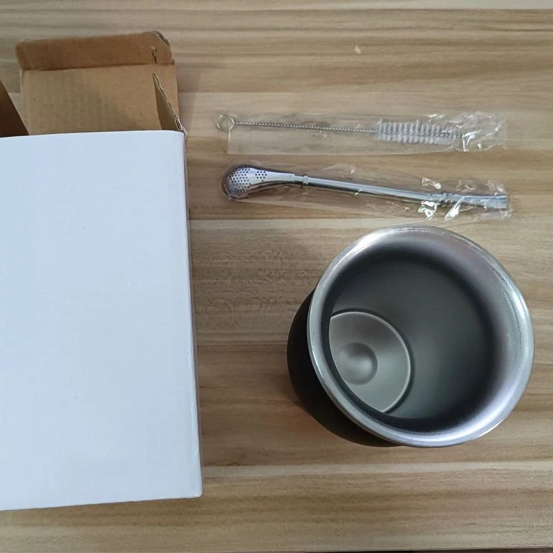 Mate de acero inoxidable de doble pared de 230 ml (8 oz) para yerba mate, incluye una bombilla (pajita) y un cepillo de limpieza.