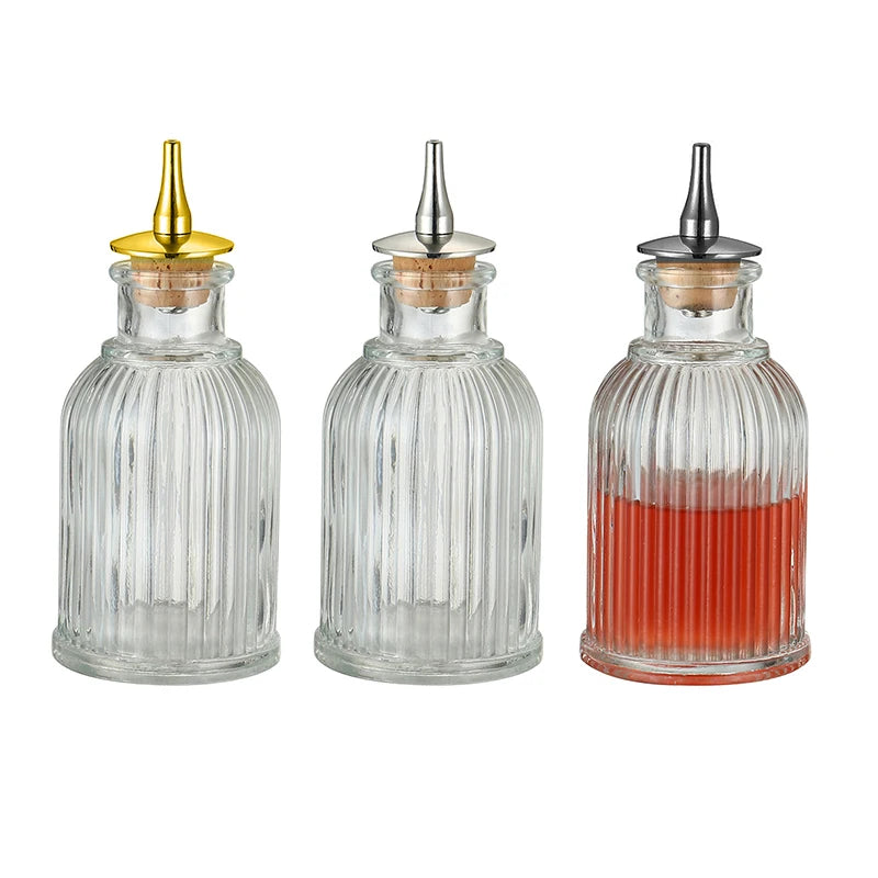 Botella de amargo - Botella de vidrio vintage, botellas decorativas con tapón dosificador, botellas dosificadoras para preparar cócteles, ideal para bartenders.