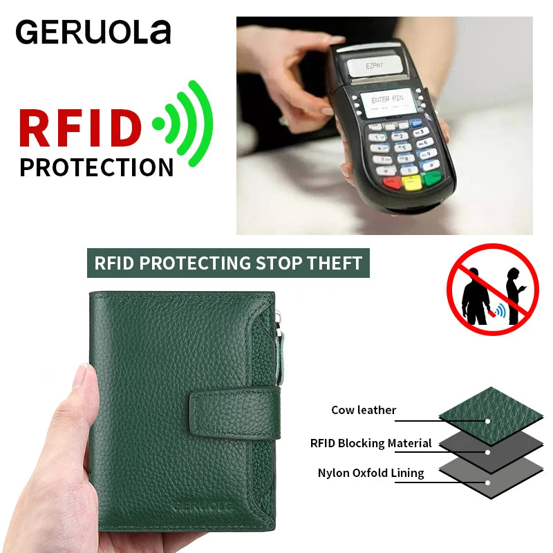 Cartera multifuncional antirrobo RFID de tres pliegues y múltiples pliegues de cuero genuino de vaca con cierre magnético y cierre antimanipulación.