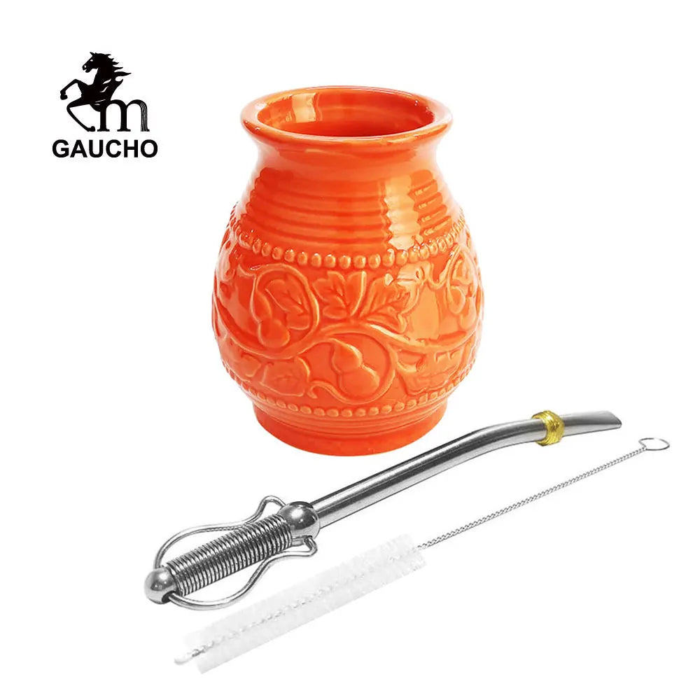 1 juego/lote de tazas de cerámica para yerba mate de 250 ml con relieve de calabaza. Incluye bombilla, filtro, pajita y cepillo de limpieza. ¡Gran oferta!