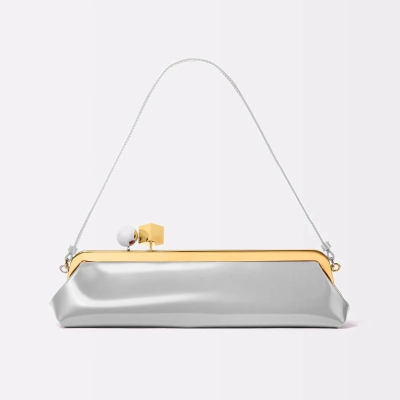 Bolso de mano largo con correa de hombro extraíble, bolso baguette de moda para mujer, bolso de mano de lujo de diseñador con clip para mujer.