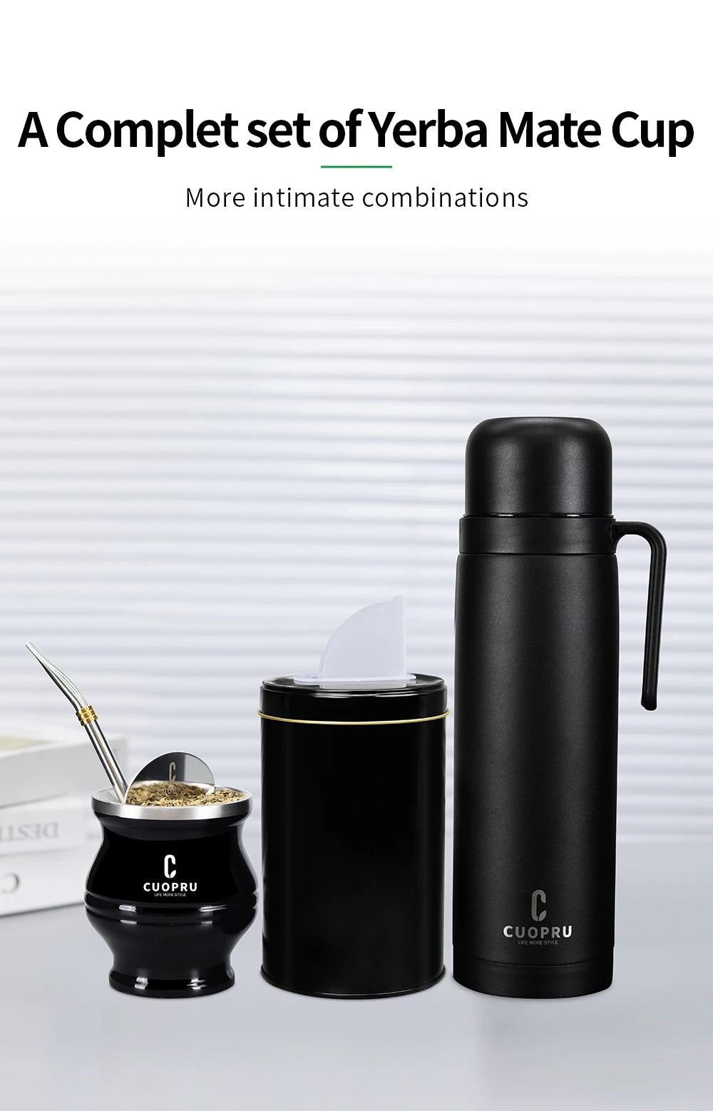 Kit completo de  mate negro: taza moderna de acero inoxidable para mate, termo, recipiente para yerba, juego de moldes para té, bombilla y pajita.