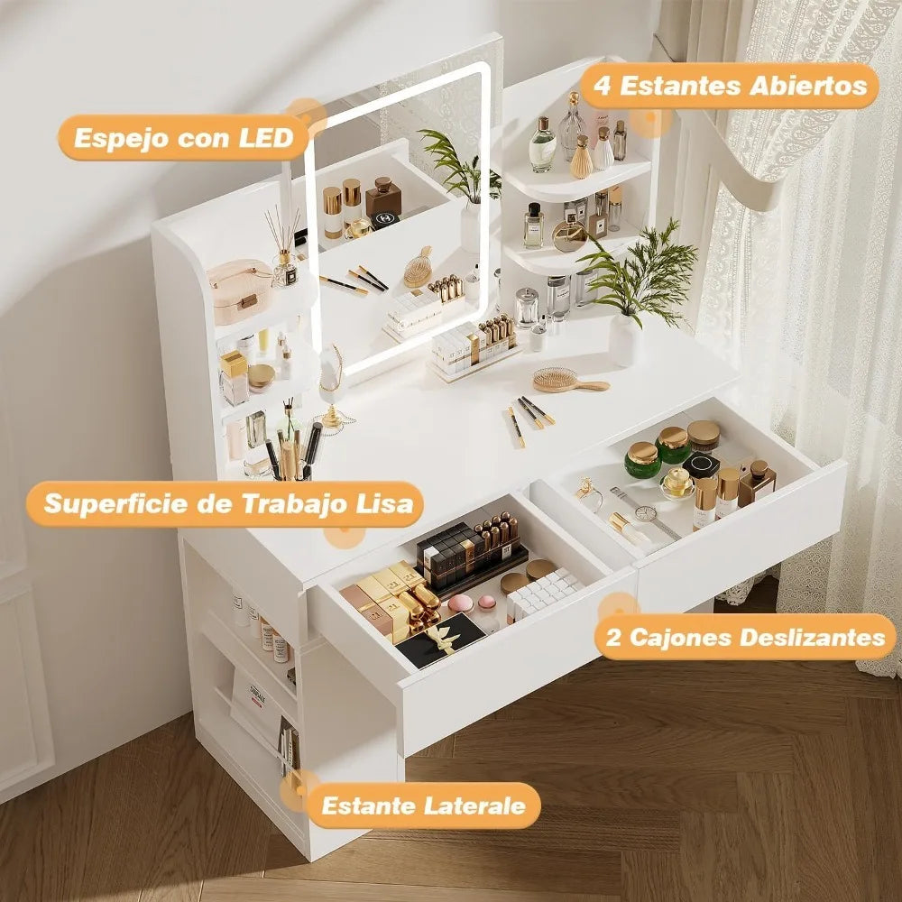 Tocador de maquillaje con espejo y luz LED regulable, tocador de maquillaje con 2 cajones y 4 estantes, estante inferior, mesa de escritorio,