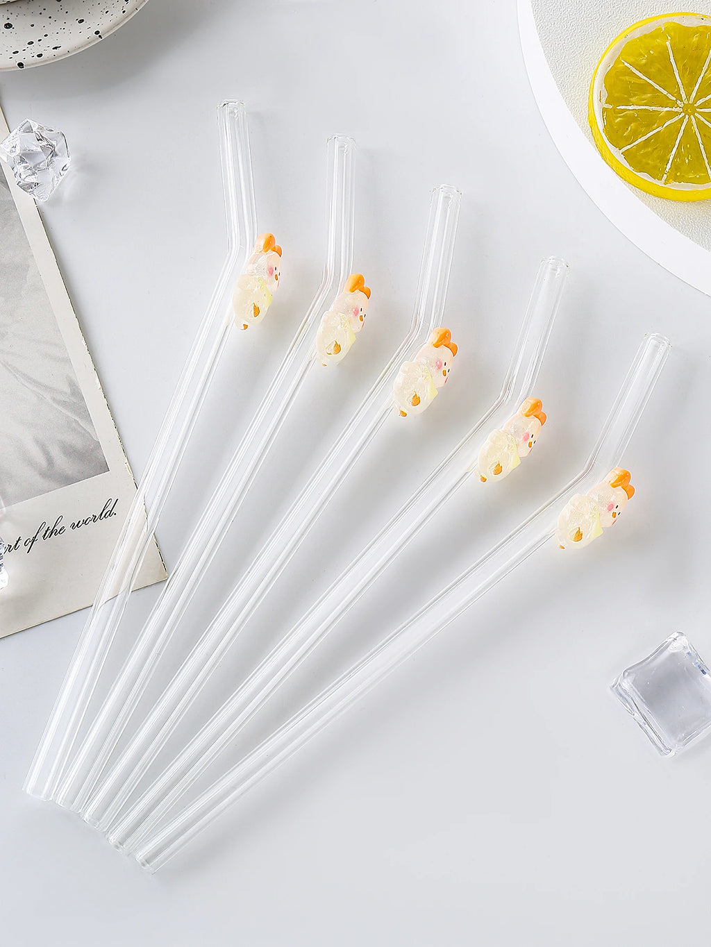 Pajita de vidrio curvada transparente, diseño de pato alegre de dibujos animados, ideal para batidos, té de frutas, agua con burbujas y cócteles. Regalo perfecto.