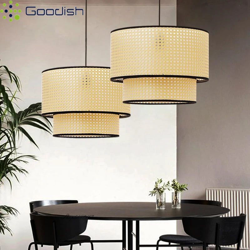 Lámpara colgante LED de ratán y mimbre Wabi-sabi hecha a mano, arte nórdico, lámparas creativas tejidas a mano para la decoración de la cocina y el hogar.
