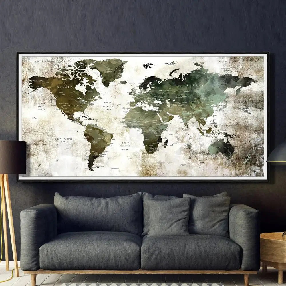 Arte en lienzo de mapa mundial moderno Póster decorativo para paredes de sala y dormitorio