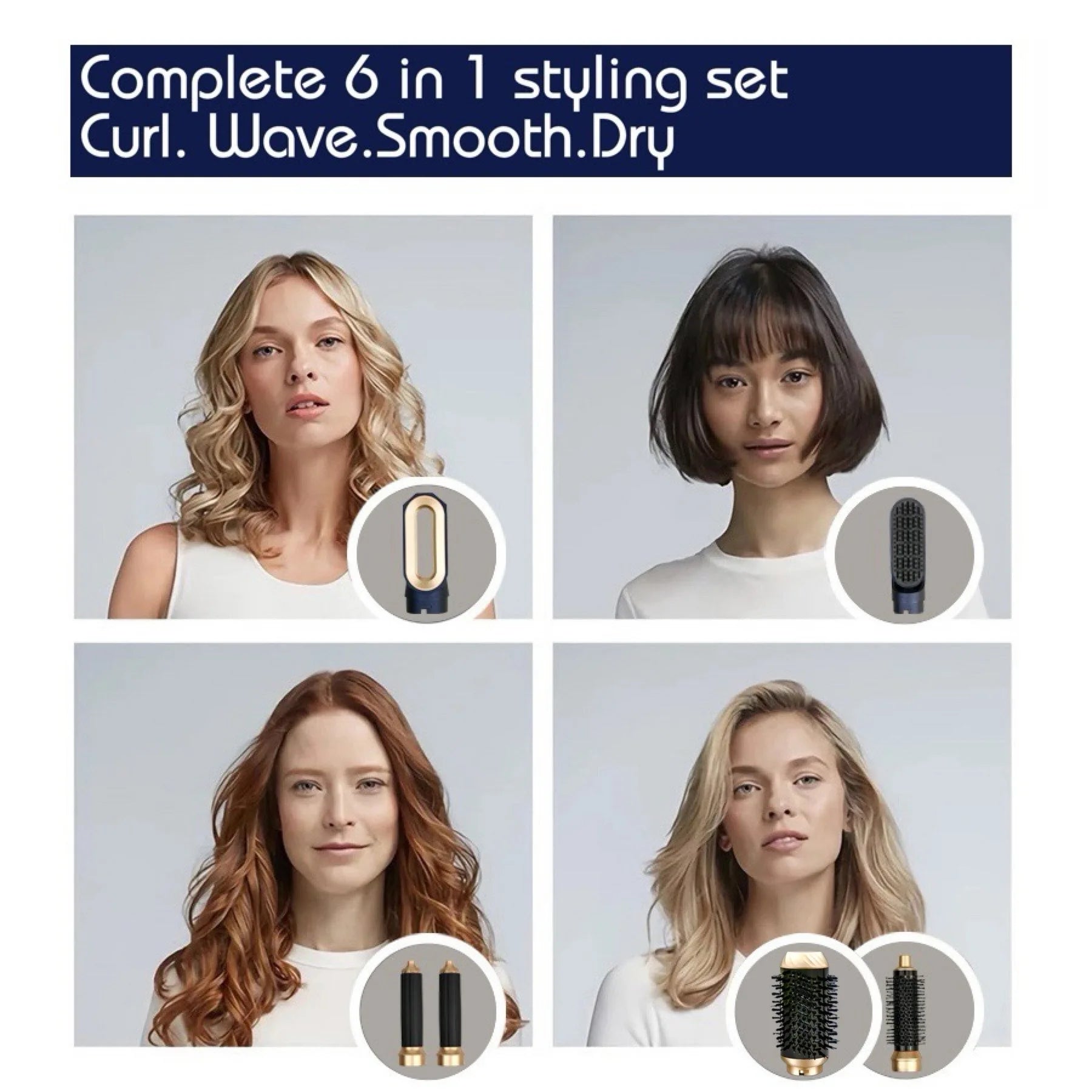 Secador de pelo multifunción 6 en 1 con cepillo, rizador y plancha para el cabello. Herramienta de peinado para el cuidado personal.