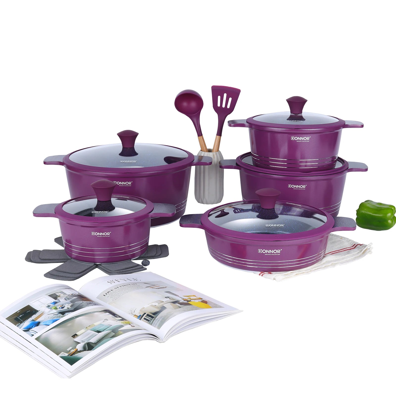 Juego de utensilios de cocina de cerámica DONNOR, juego de utensilios de cocina antiadherentes saludables aptos para placas de inducción y lavavajillas. Libre de PFAS, PFOA y PTFE.