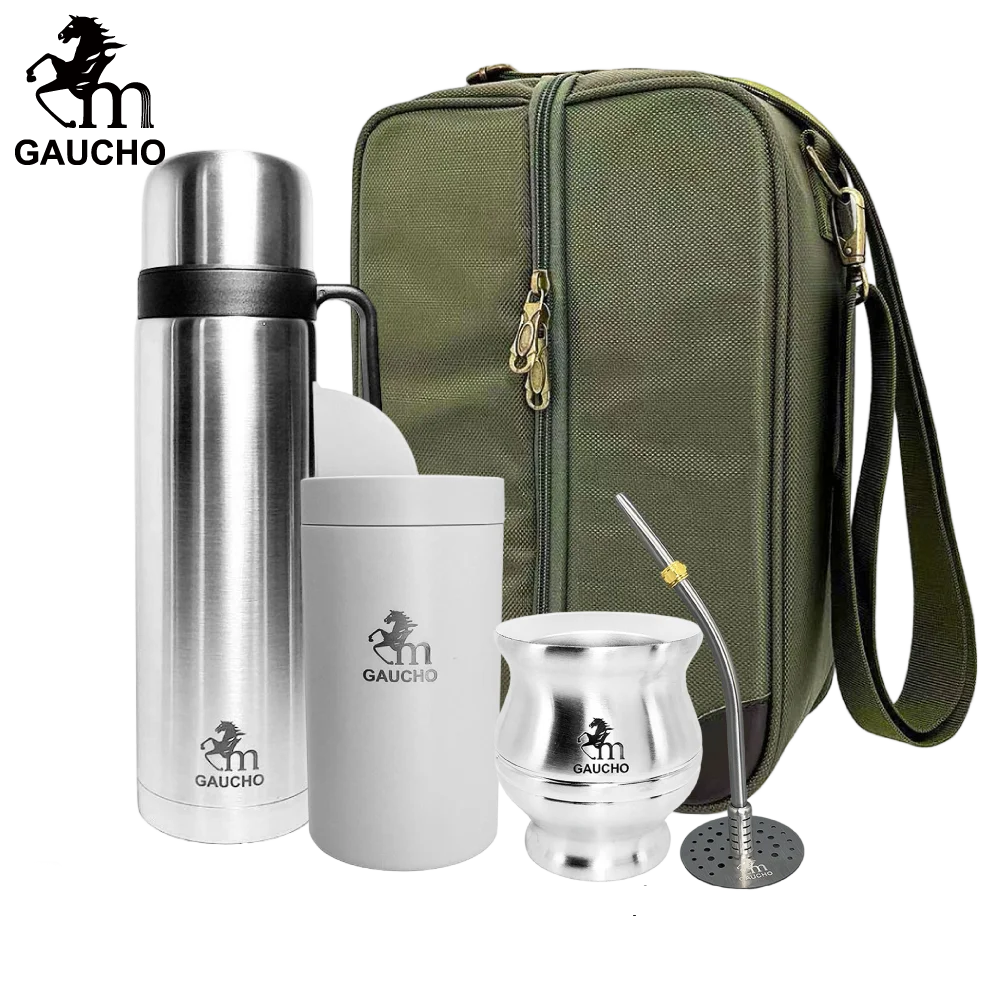 1 juego/lote de kits de viaje Gaucho Yerba Mate. Incluye termo de acero inoxidable, calabazas, bombilla, pajita y lata de té.