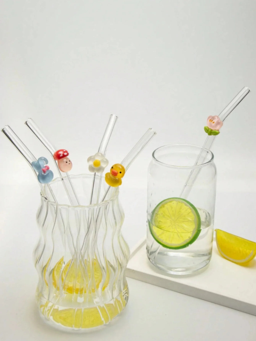 1/5 Pajitas de cristal con diseños de animales: seta, conejo y pato. Ideales para té de burbujas, café y cócteles. Un regalo perfecto para fiestas y ocasiones especiales.