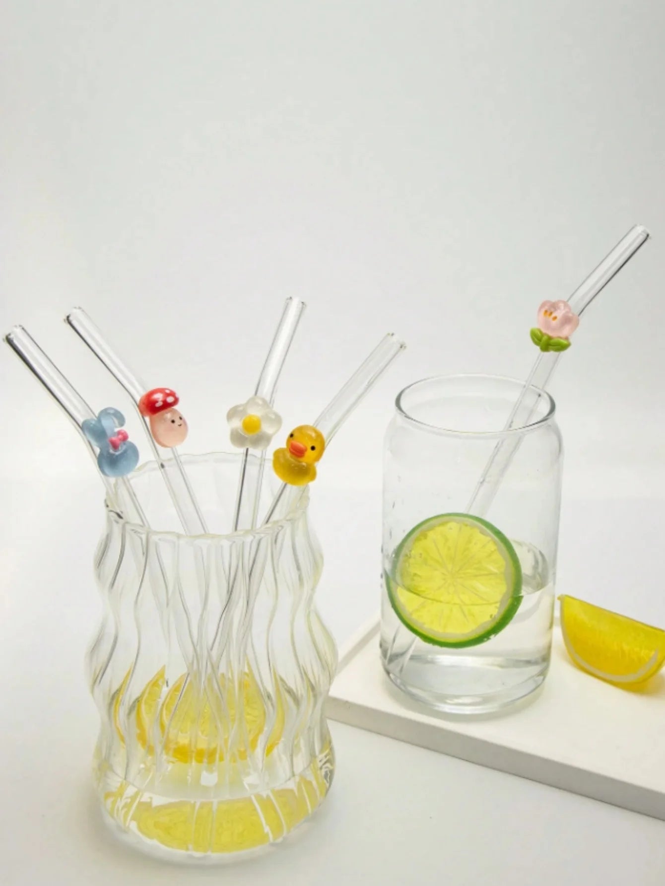 1/5 Pajitas de cristal con diseños de animales: seta, conejo y pato. Ideales para té de burbujas, café y cócteles. Un regalo perfecto para fiestas y ocasiones especiales.