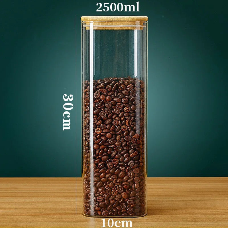 Tarros de vidrio cuadrados con tapa de bambú para almacenar granos de café, cereales, fideos y otros alimentos. Organizadores de cocina.