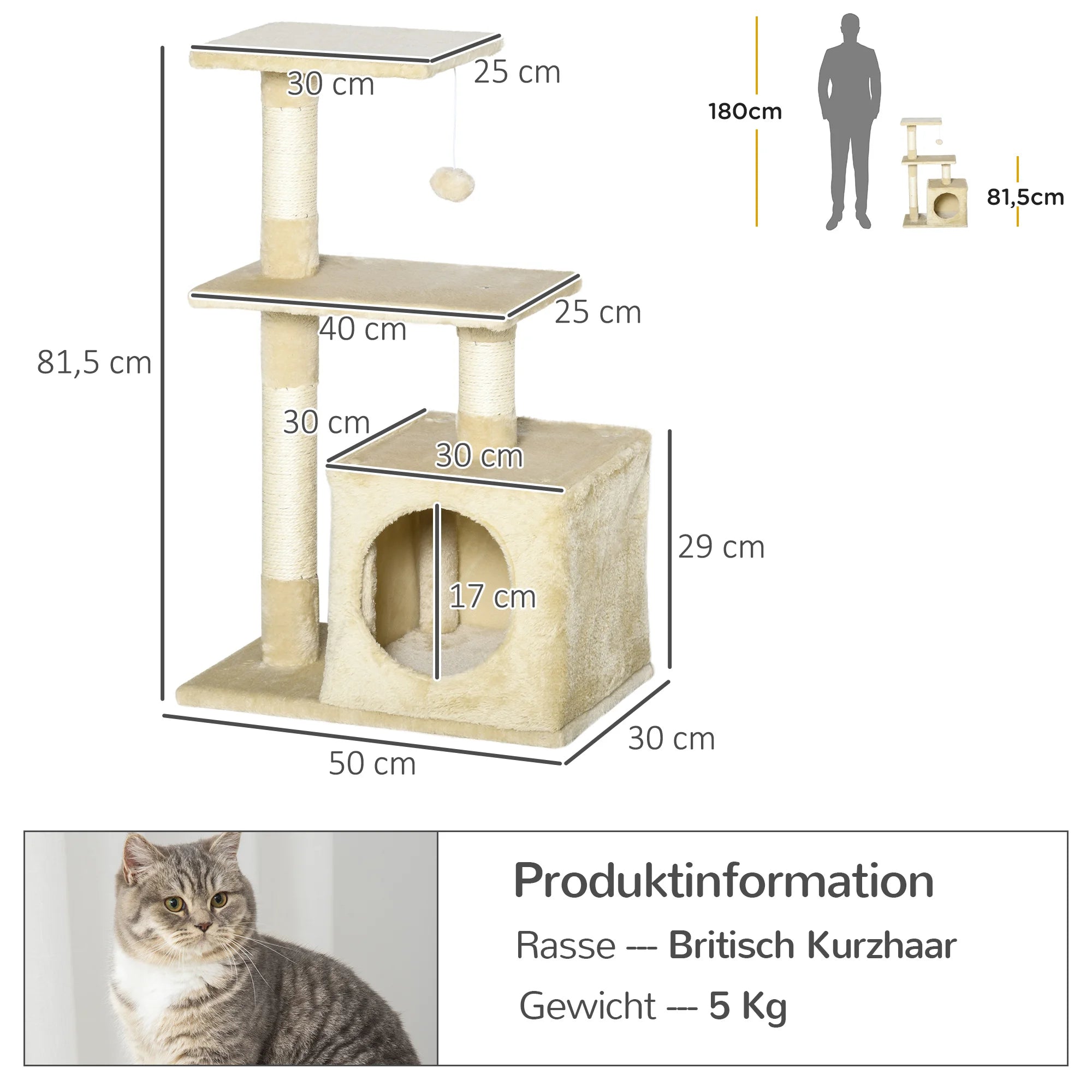 Rascador PawHut con sisal, muebles para gatos con juguetes de peluche, color beige, altura 81,5 cm.