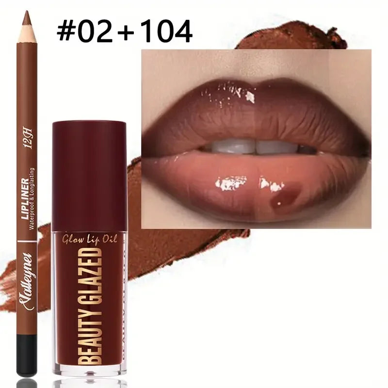 Set de maquillaje de 2 piezas: delineador de labios mate + aceite labial hidratante con color, de larga duración y fácil aplicación, resistente al agua, combinación de maquillaje ini