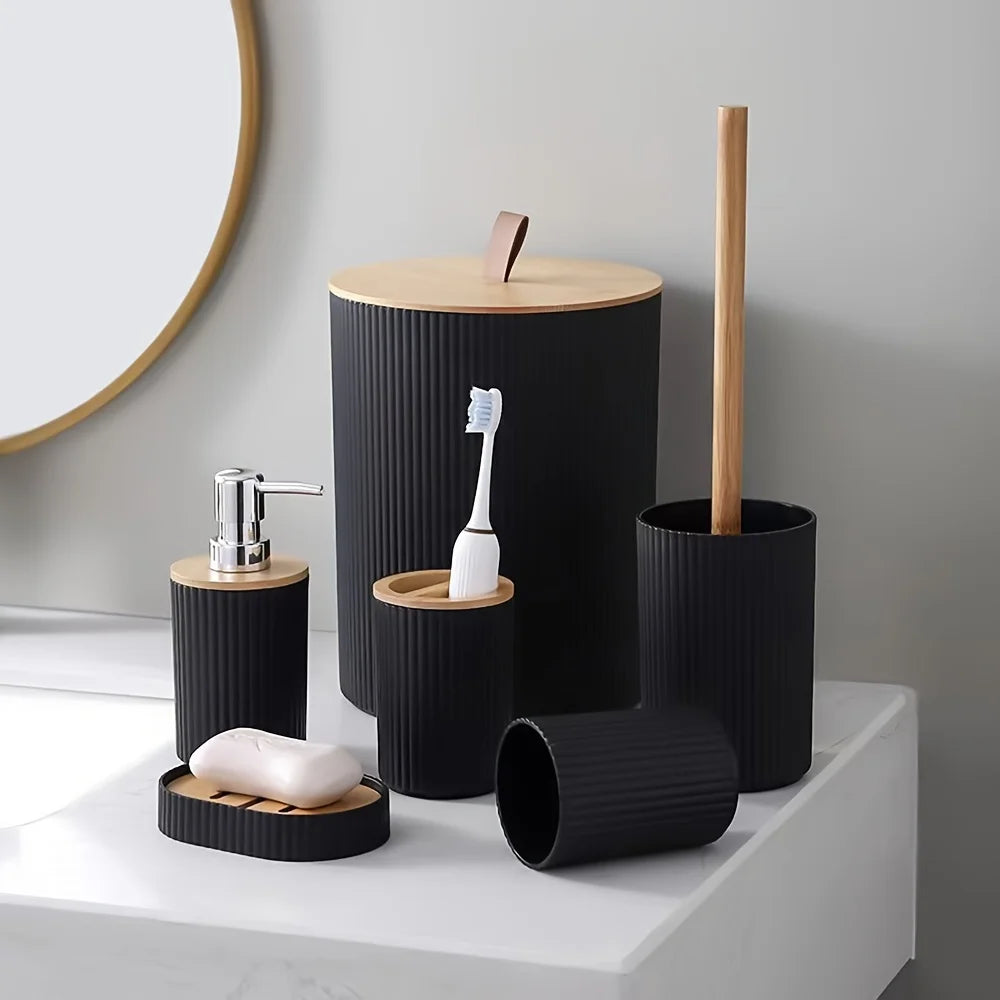Juego de baño de 6 piezas con cubo de basura, portacepillos de dientes, dispensador de loción y jabón, jabonera, cepillo de inodoro y accesorios de baño.