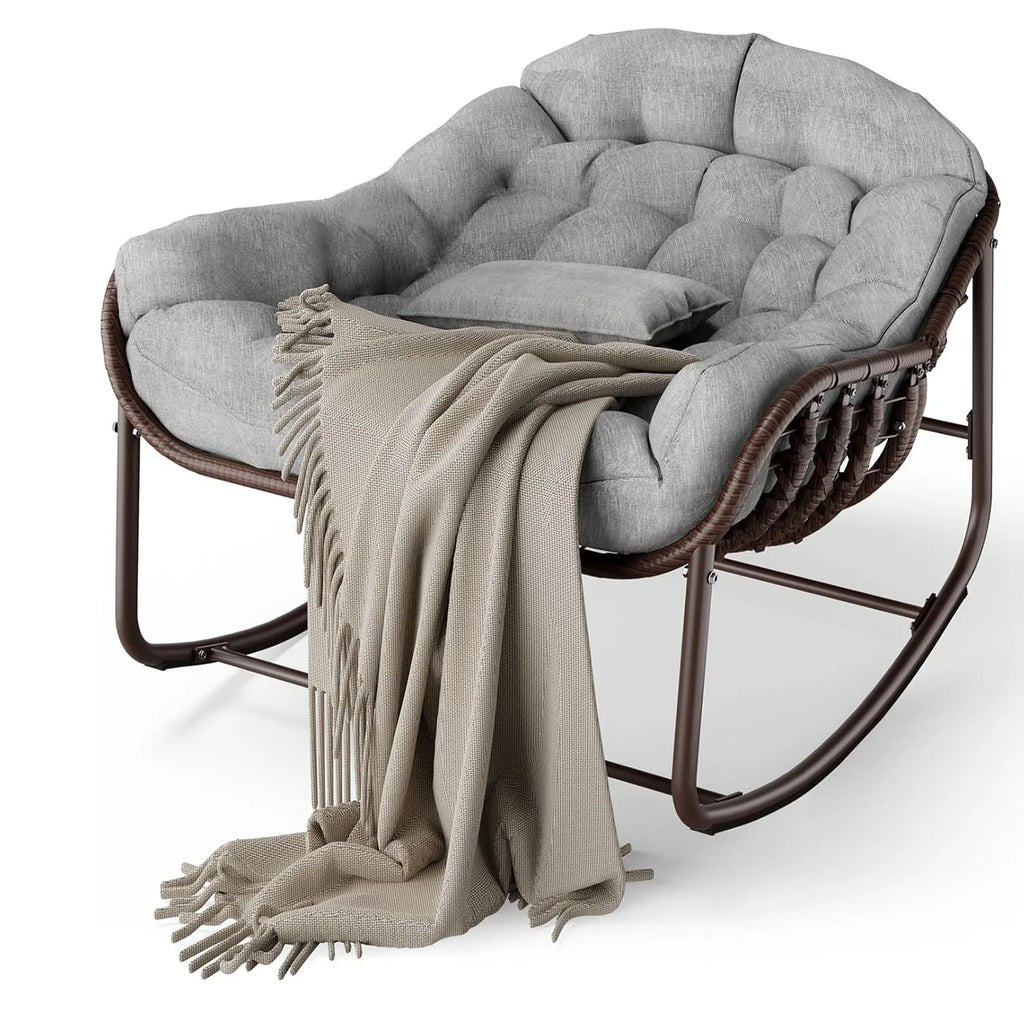 Silla mecedora Papasan para exteriores, sillón reclinable de mimbre extragrande con cojín y estructura metálica, mecedora de ratán para patio y balcón.