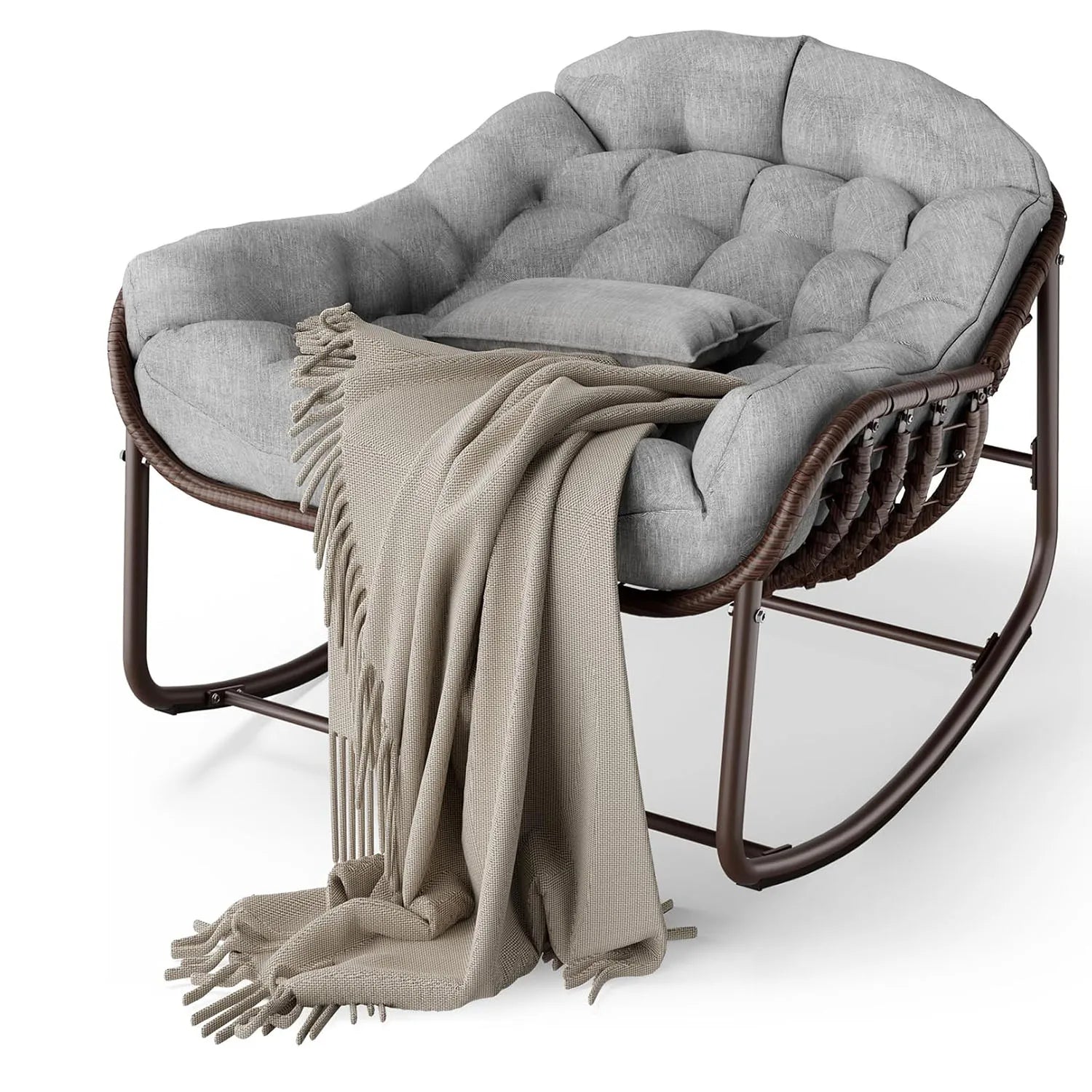 Silla mecedora Papasan para exteriores, sillón reclinable de mimbre extragrande con cojín y estructura metálica, mecedora de ratán para patio y balcón.