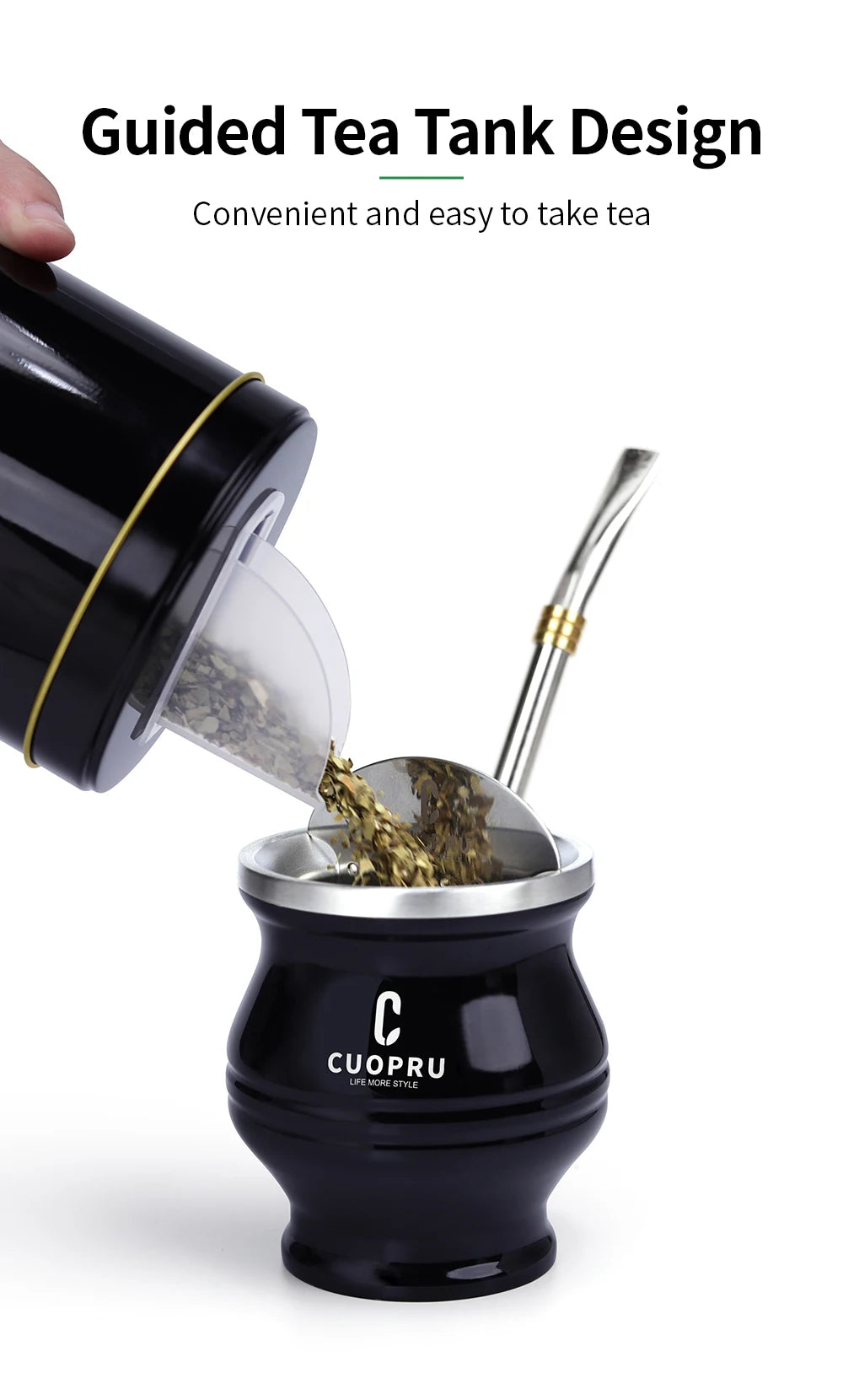 Kit completo de  mate negro: taza moderna de acero inoxidable para mate, termo, recipiente para yerba, juego de moldes para té, bombilla y pajita.