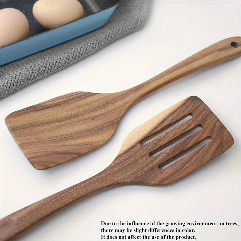 Juego de espátulas de madera - Duraderas y ergonómicas con mangos largos, utensilios de cocina multiusos que incluyen espátula ranurada.